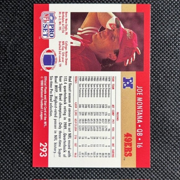1990 Pro Set Football Joe Montana # 293 San Francisco 49ers HOF - Picture 2 of 2